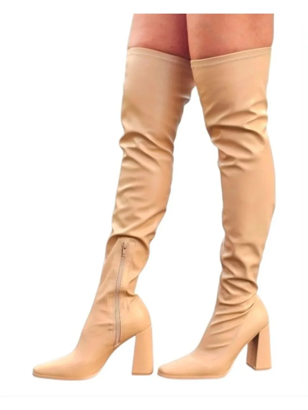Over-The-Knee Block Heel Boots In Nude With Side Zipper Closure And Soft Faux Le